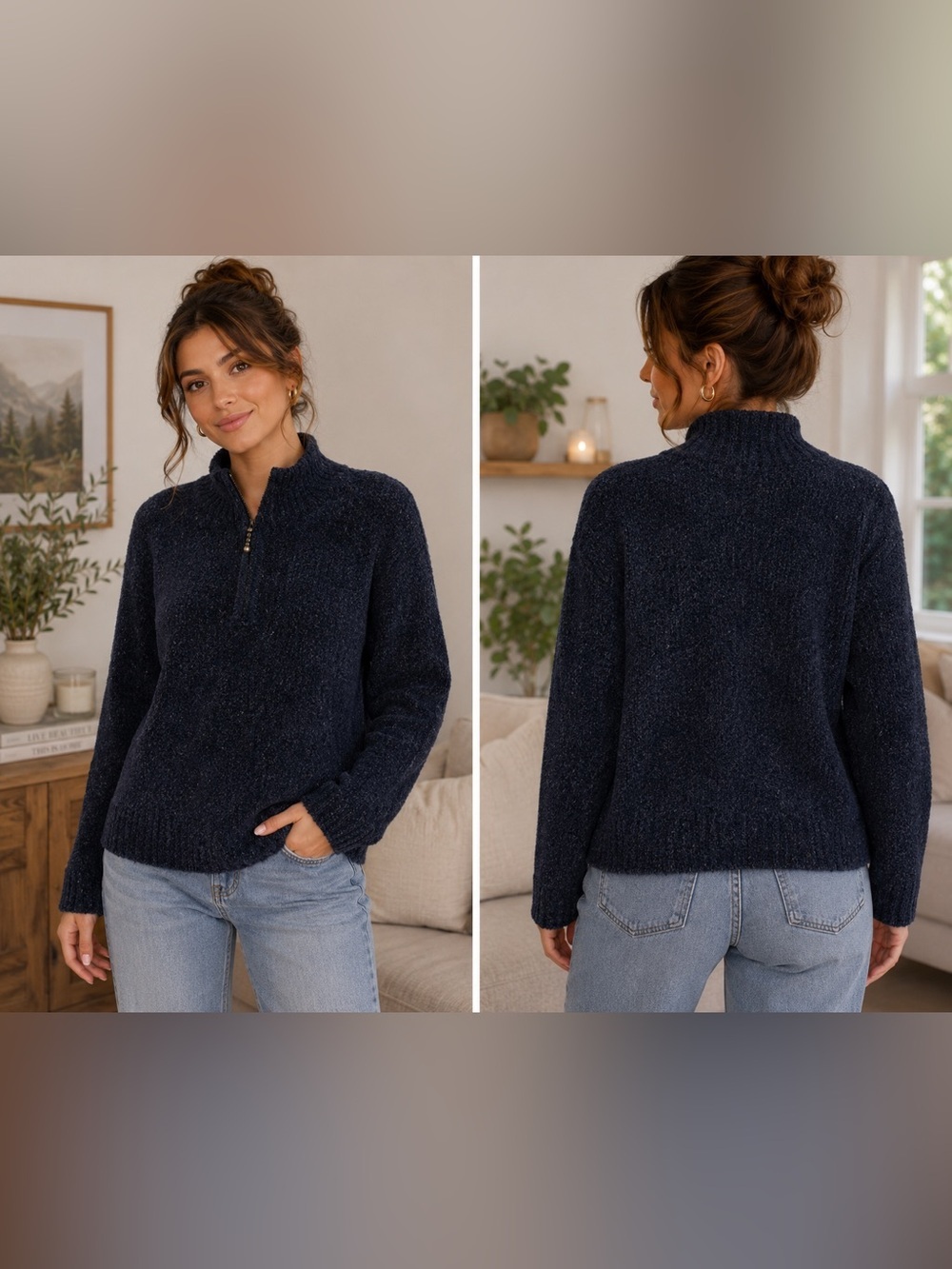 Croft & Barrow Navy Plush Mock Neck Quarter Zip Pullover Sweatshirt | Top Large - Picture 1 of 5